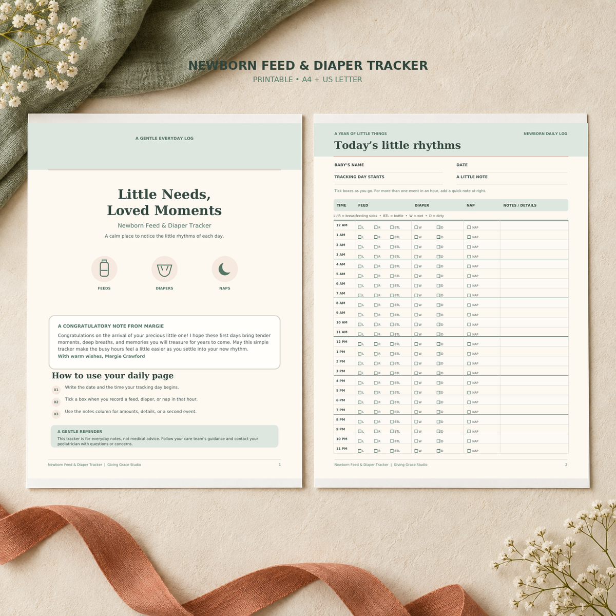 Newborn Feed & Diaper Tracker Printable — A4 + US Letter