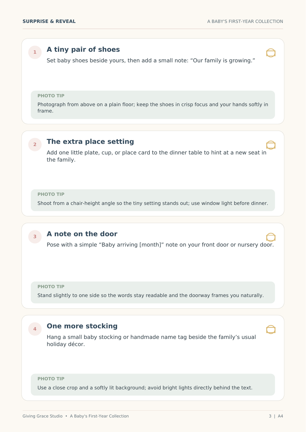 Sample interior page with baby announcement ideas and photo tips