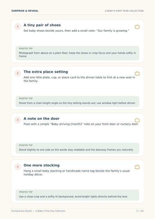 Sample interior page with baby announcement ideas and photo tips
