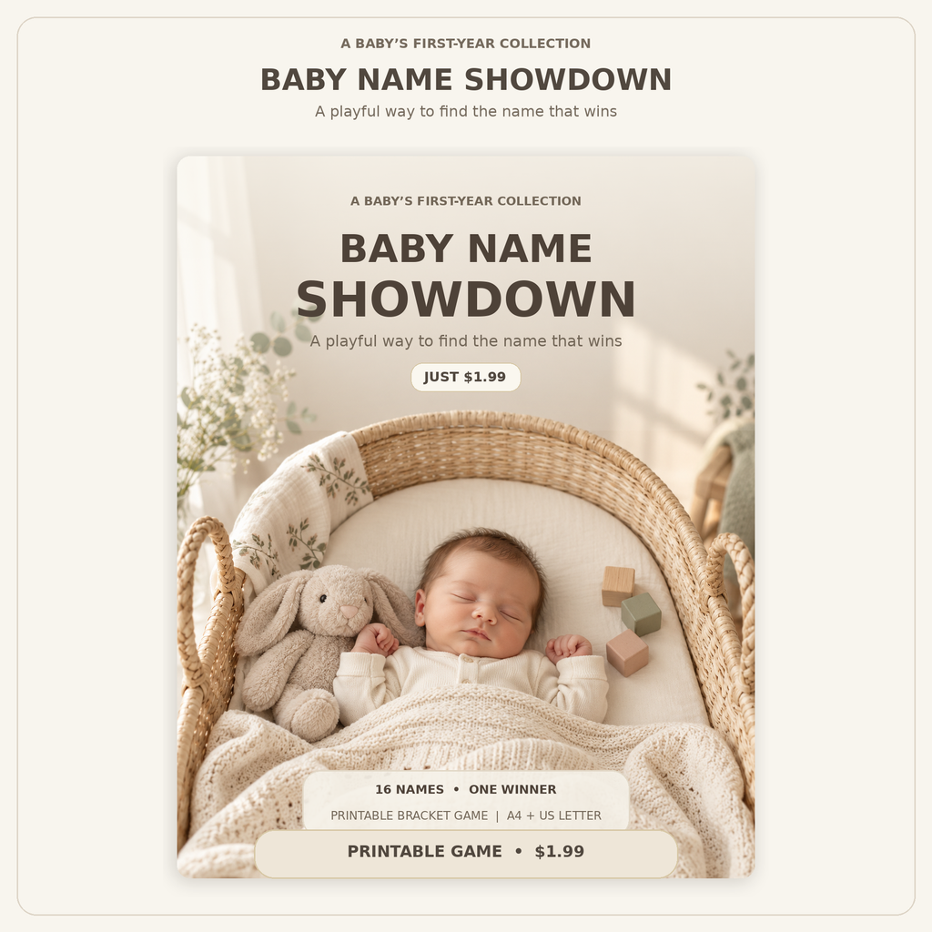 Baby Name Showdown printable game cover with a sleeping baby, featuring the 16-name bracket and $1.99 price.