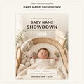 Baby Name Showdown printable game cover with a sleeping baby, featuring the 16-name bracket and $1.99 price.