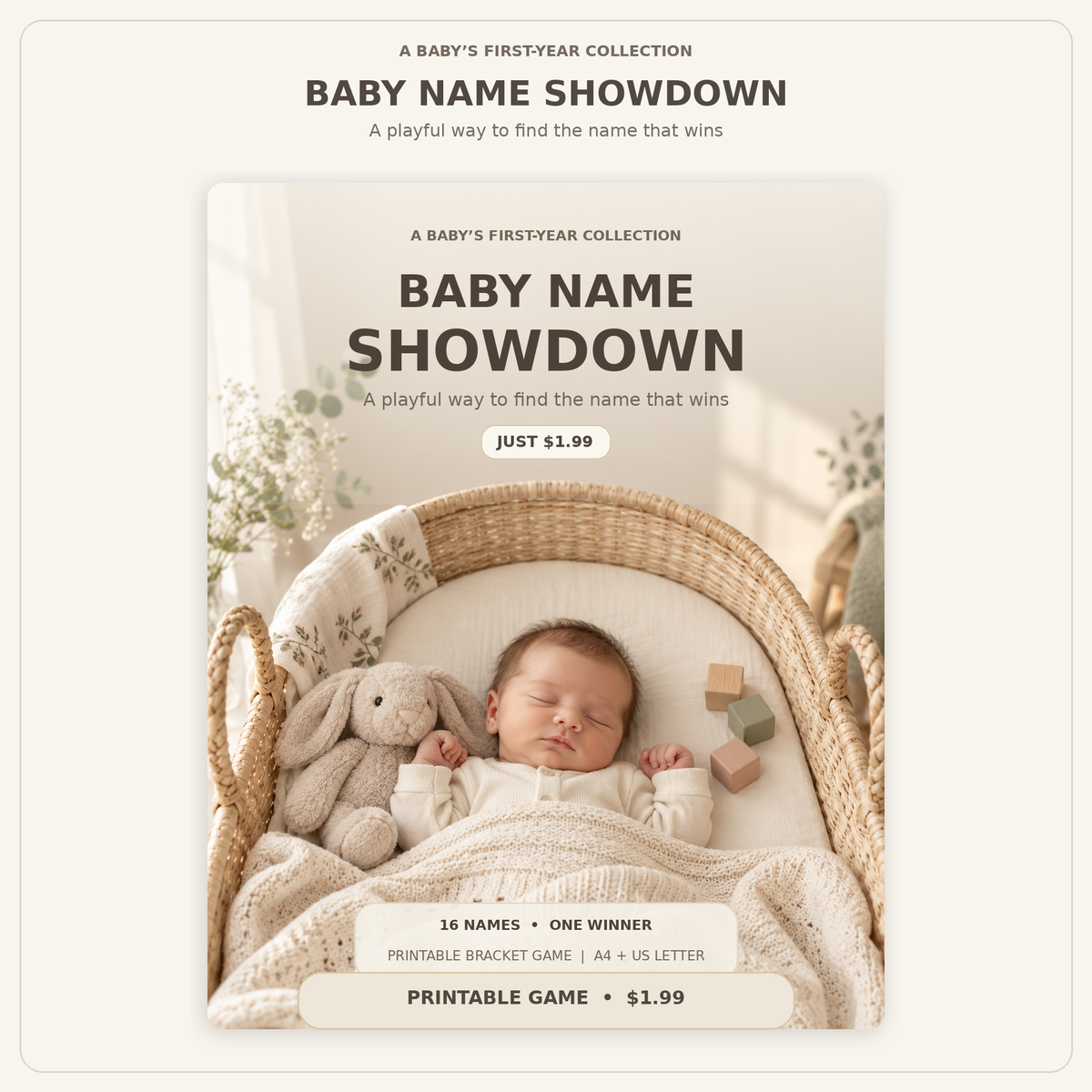 Baby Name Showdown printable game cover with a sleeping baby, featuring the 16-name bracket and $1.99 price.
