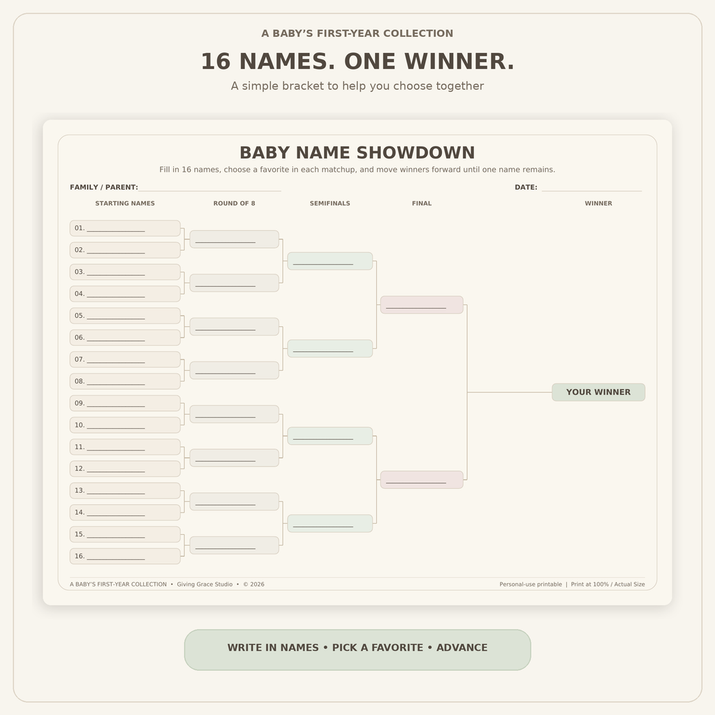 Preview of the baby name bracket with 16 starting names narrowing to one winner.