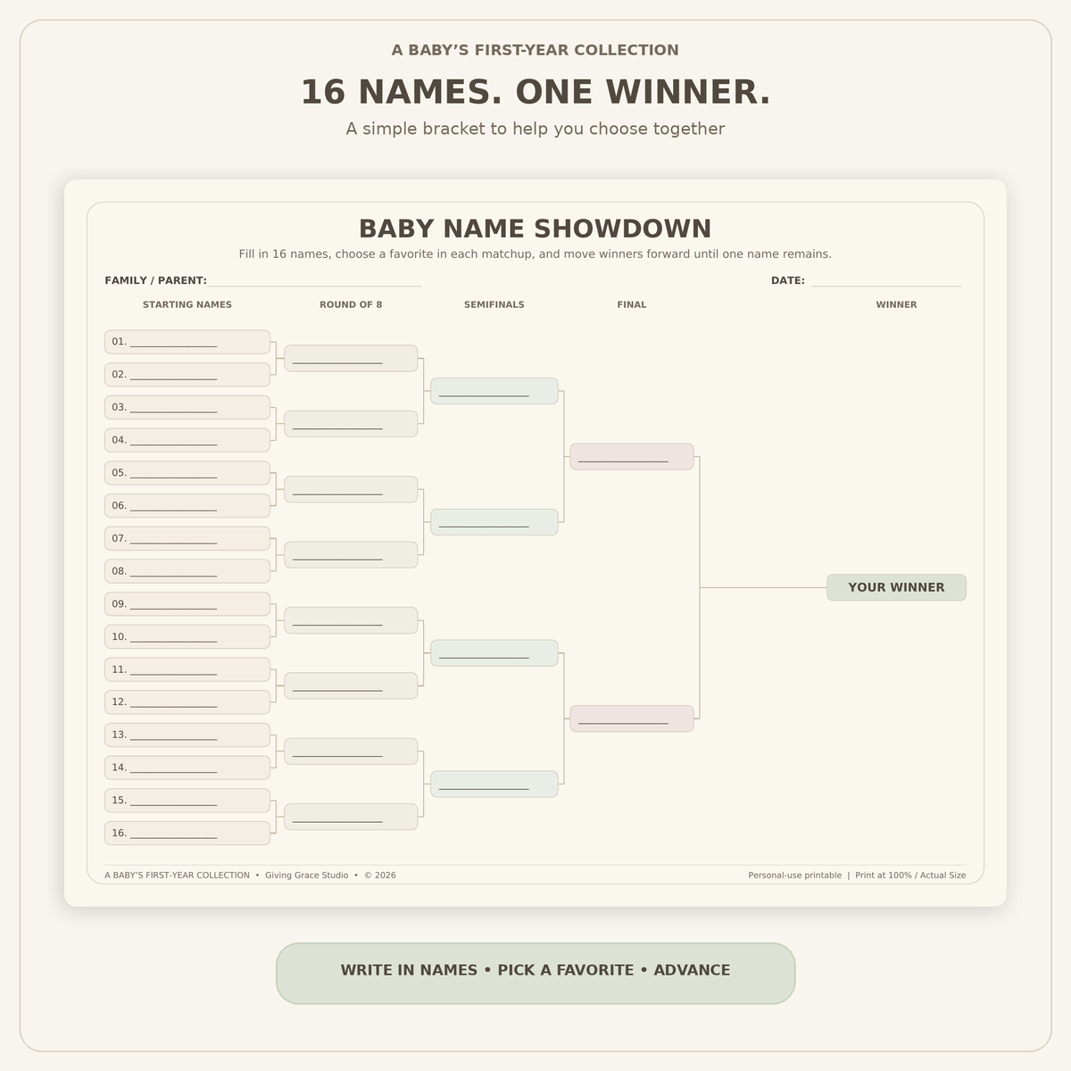 Preview of the baby name bracket with 16 starting names narrowing to one winner.