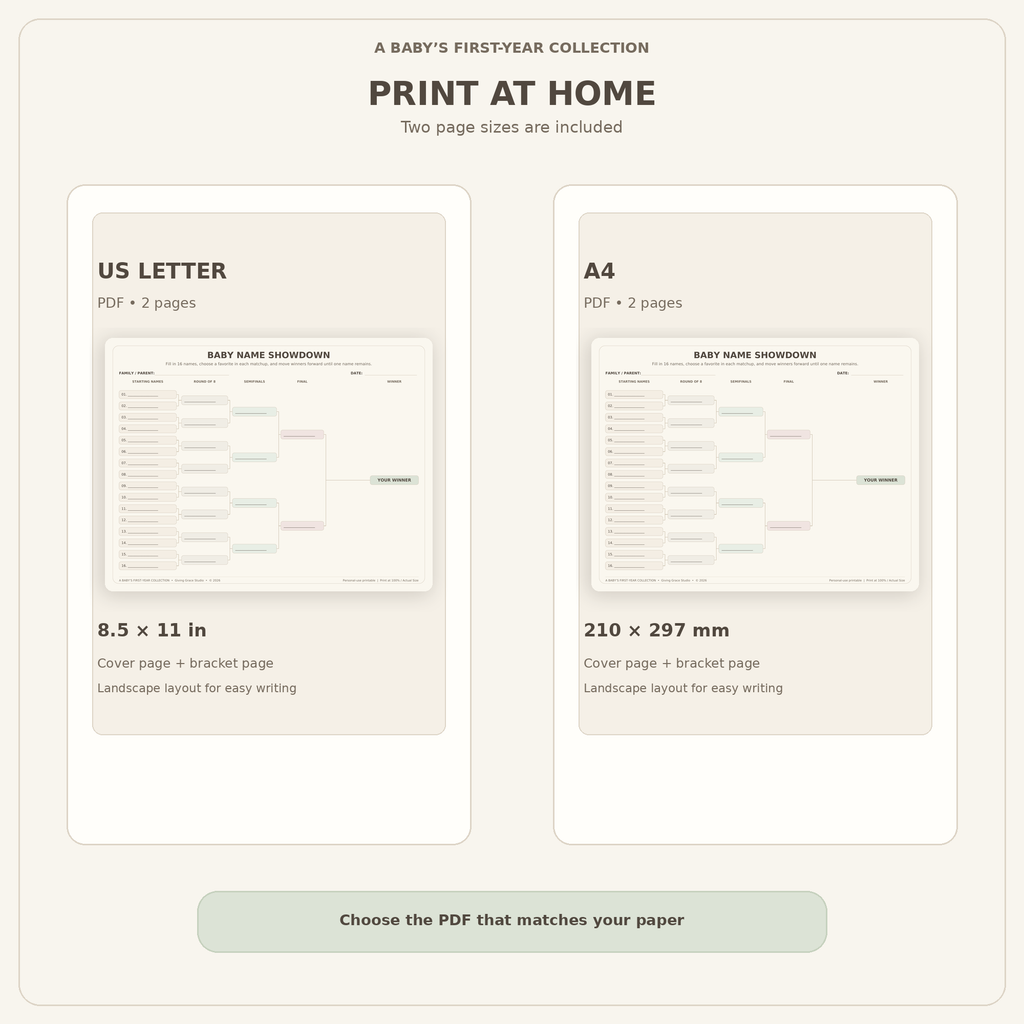 Baby Name Showdown bracket printable included as A4 and US Letter PDFs.