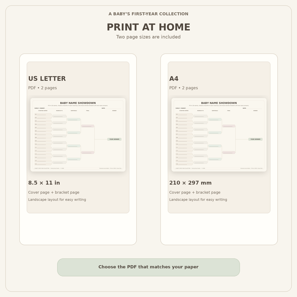 Baby Name Showdown bracket printable included as A4 and US Letter PDFs.