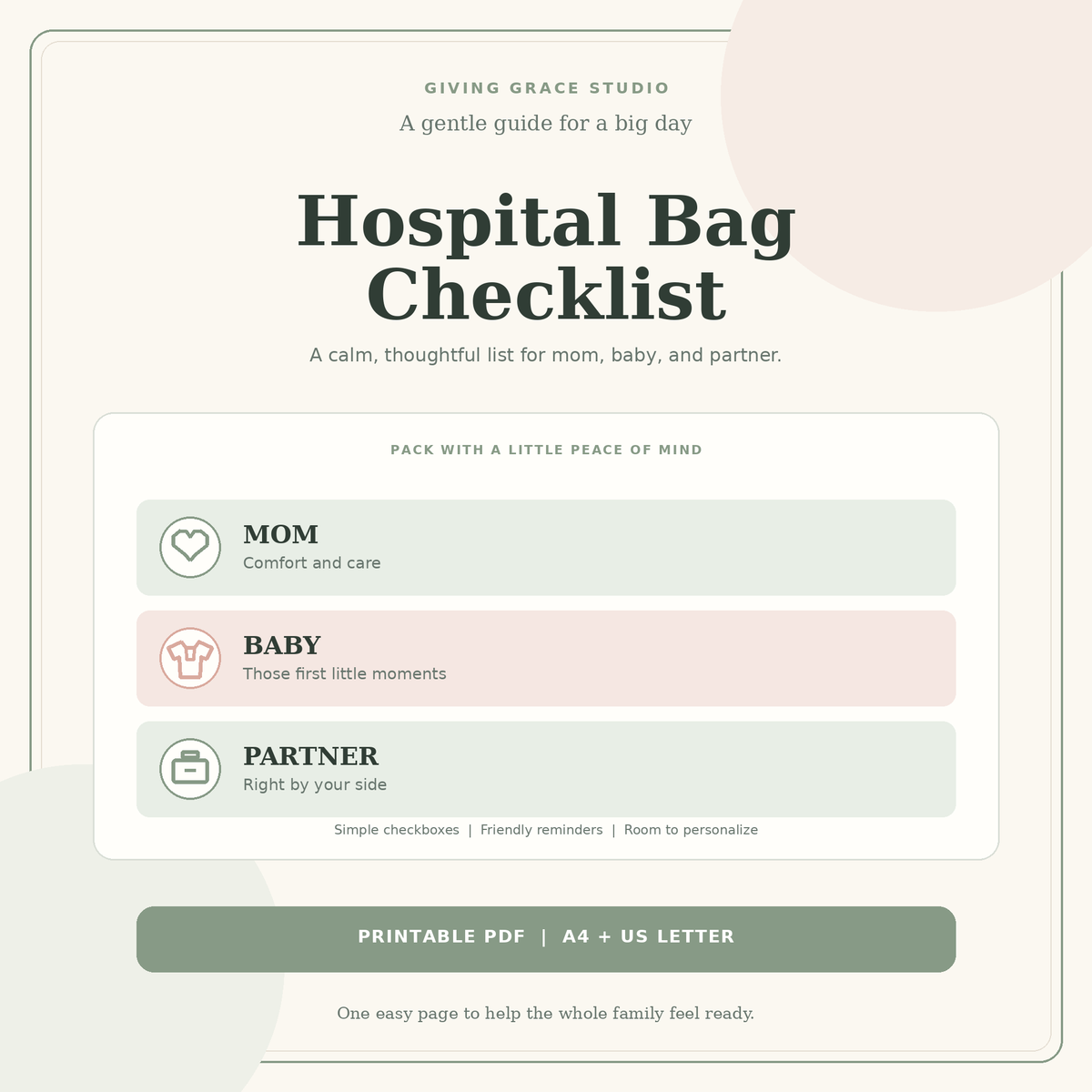 Hospital Bag Packing List for Mom, Baby, and Partner - A4 and US Letter printable