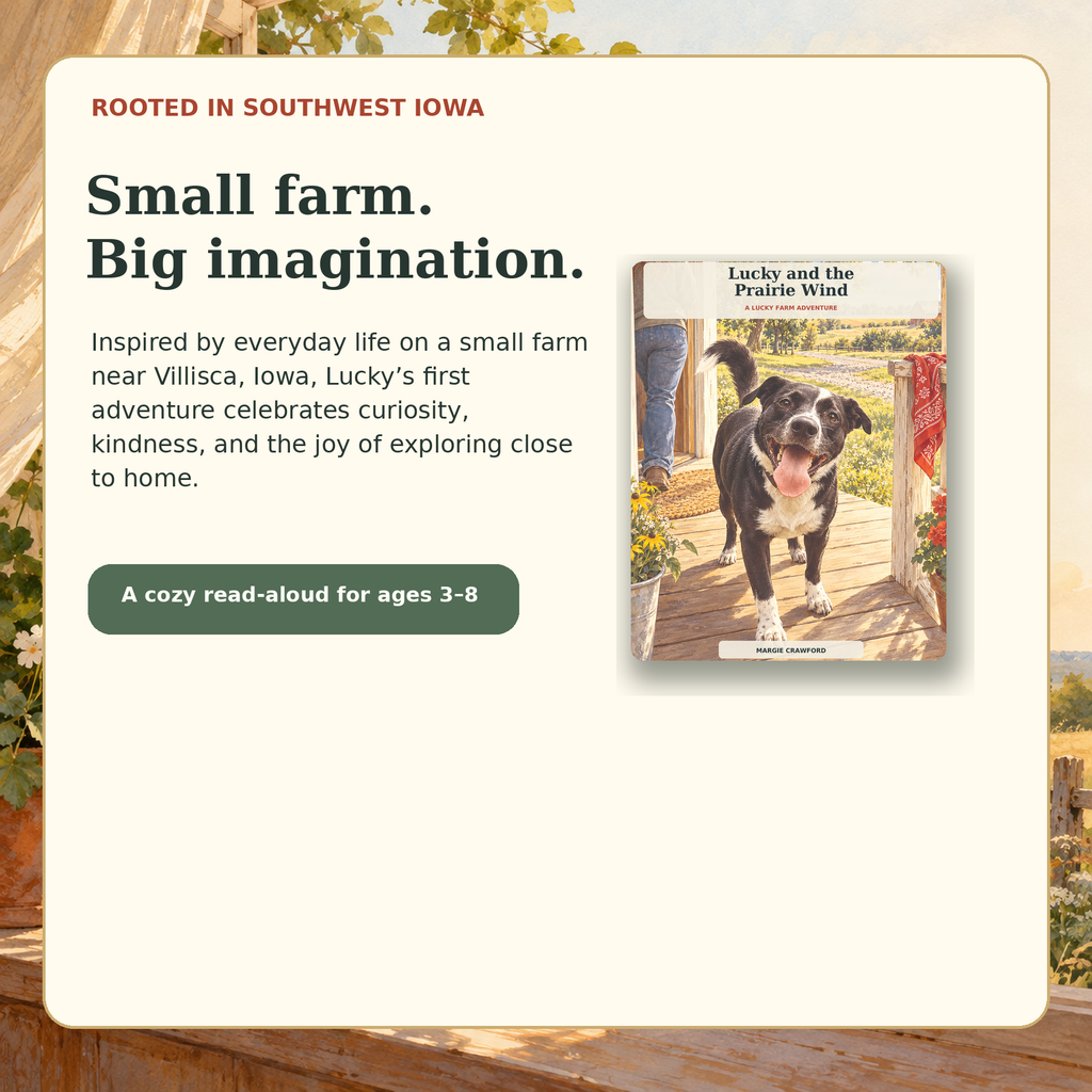 Lucky's story is inspired by a small farm near Villisca, Iowa; for ages 3 to 8