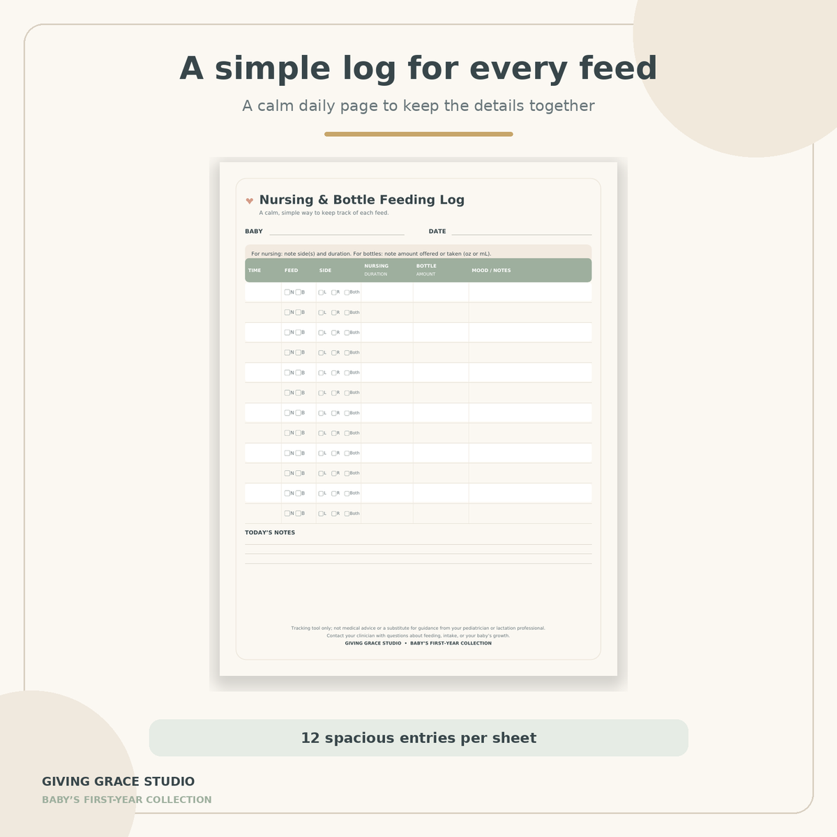 Preview of the printable daily nursing and bottle feeding log page