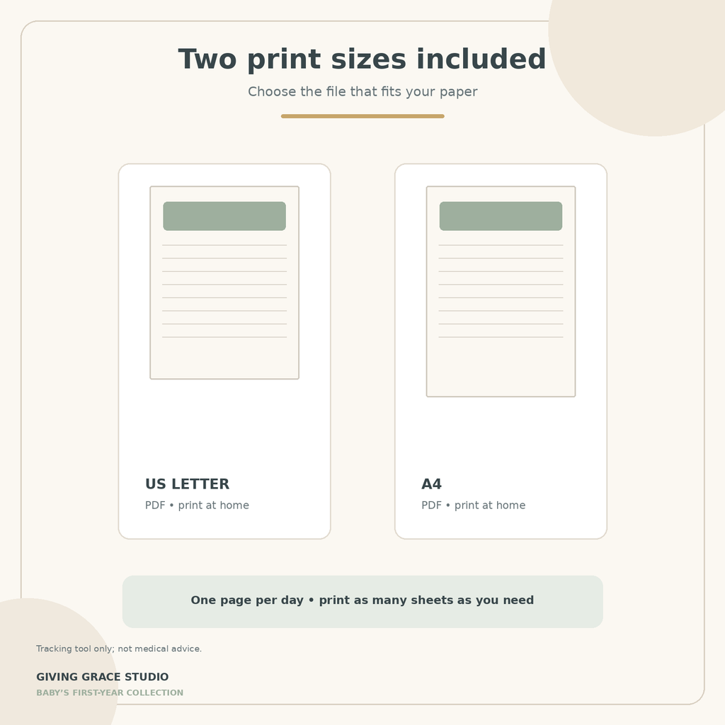 Printable nursing and bottle feeding log in US Letter and A4 sizes