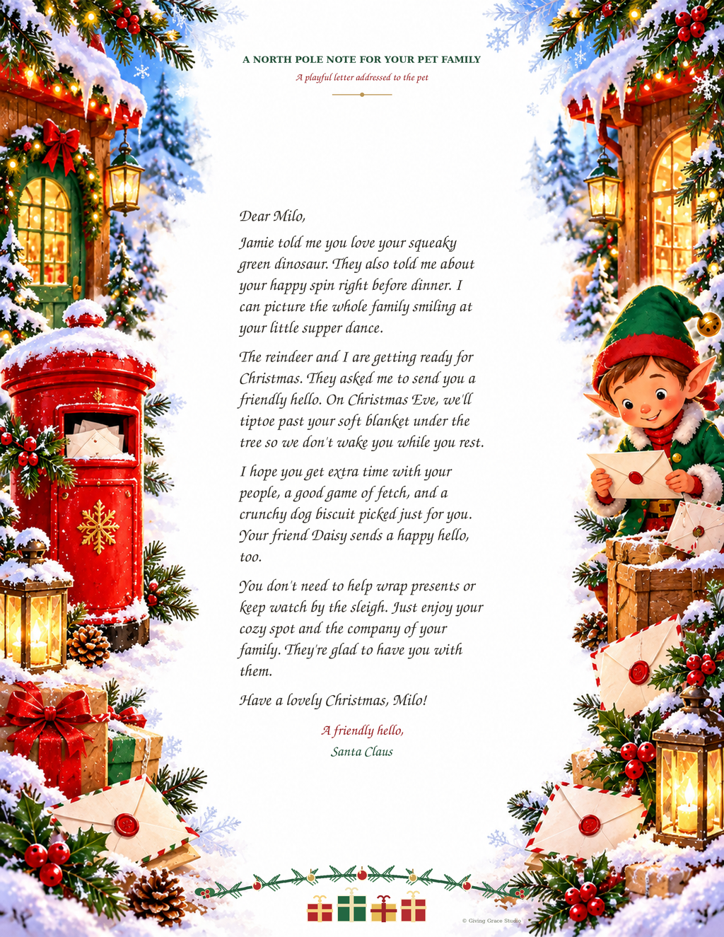 Pet letter preview with top header and vertically centered copy