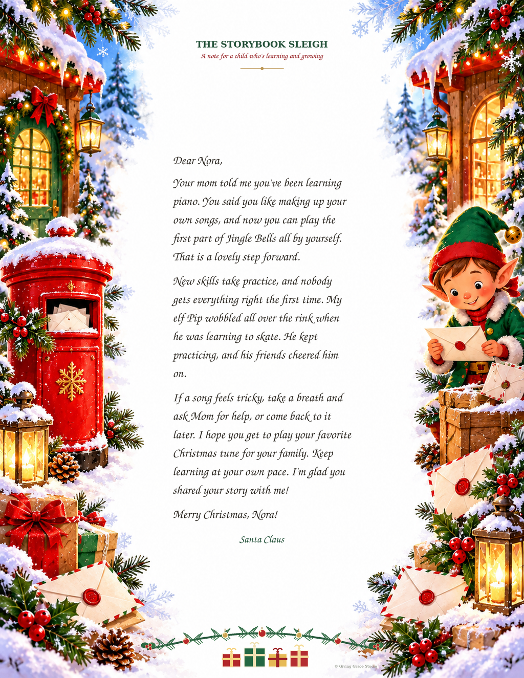 Storybook Sleigh letter preview with top header and vertically centered copy