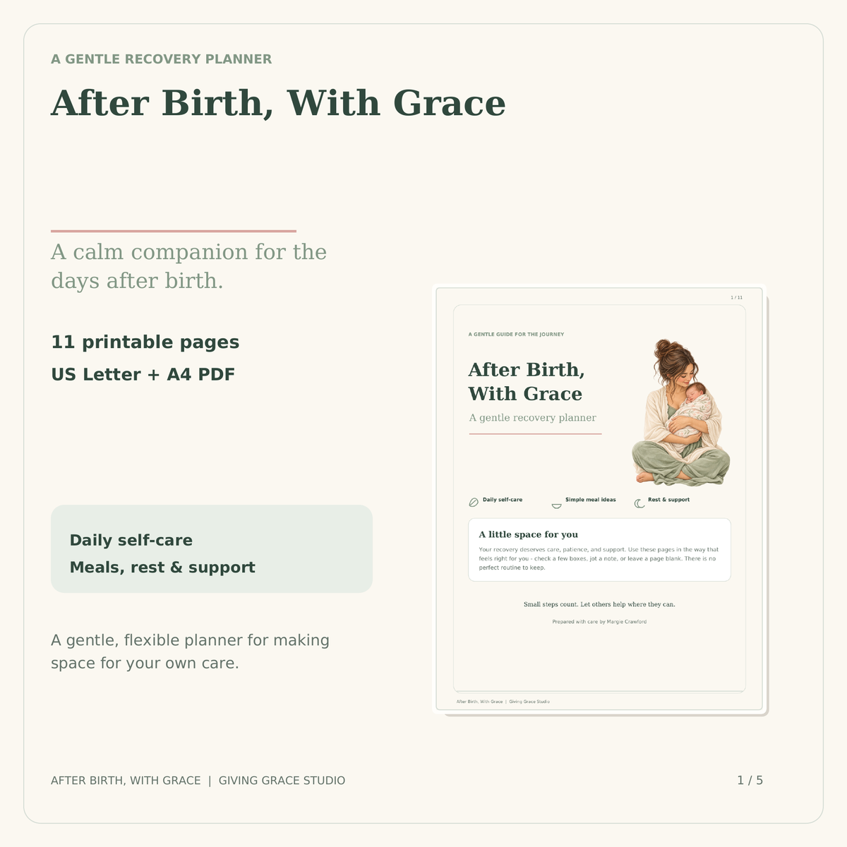 Cover illustration of a mother holding her newborn for the After Birth, With Grace printable recovery planner.