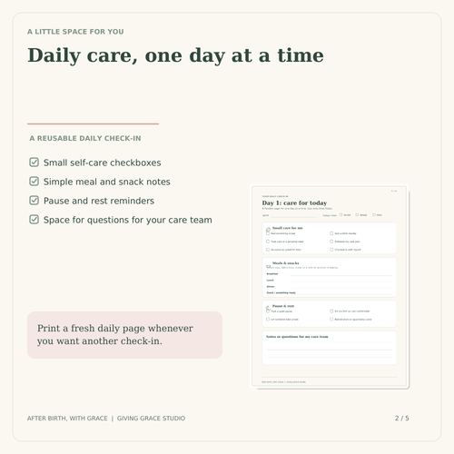 Sample daily self-care check-in page from the After Birth, With Grace planner.