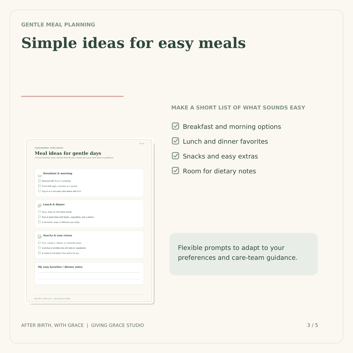 Meal ideas and easy food planning page from the After Birth, With Grace planner.