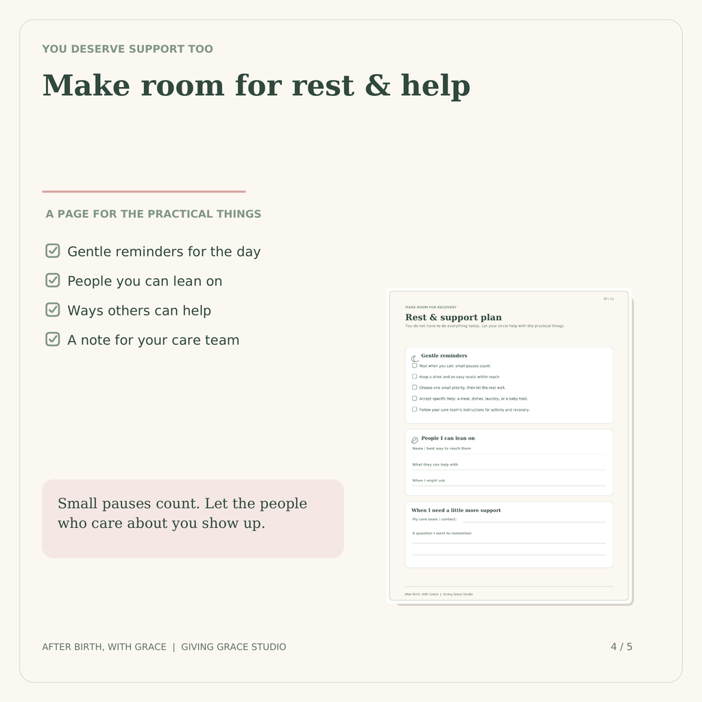 Rest reminders and support planning page from the After Birth, With Grace planner.
