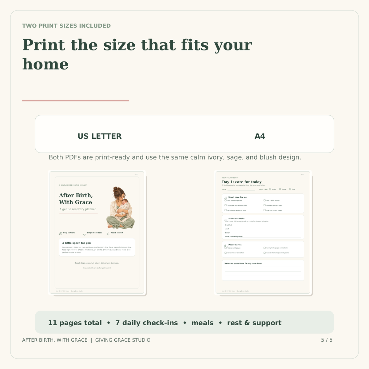 The printable planner includes both US Letter and A4 PDF sizes.