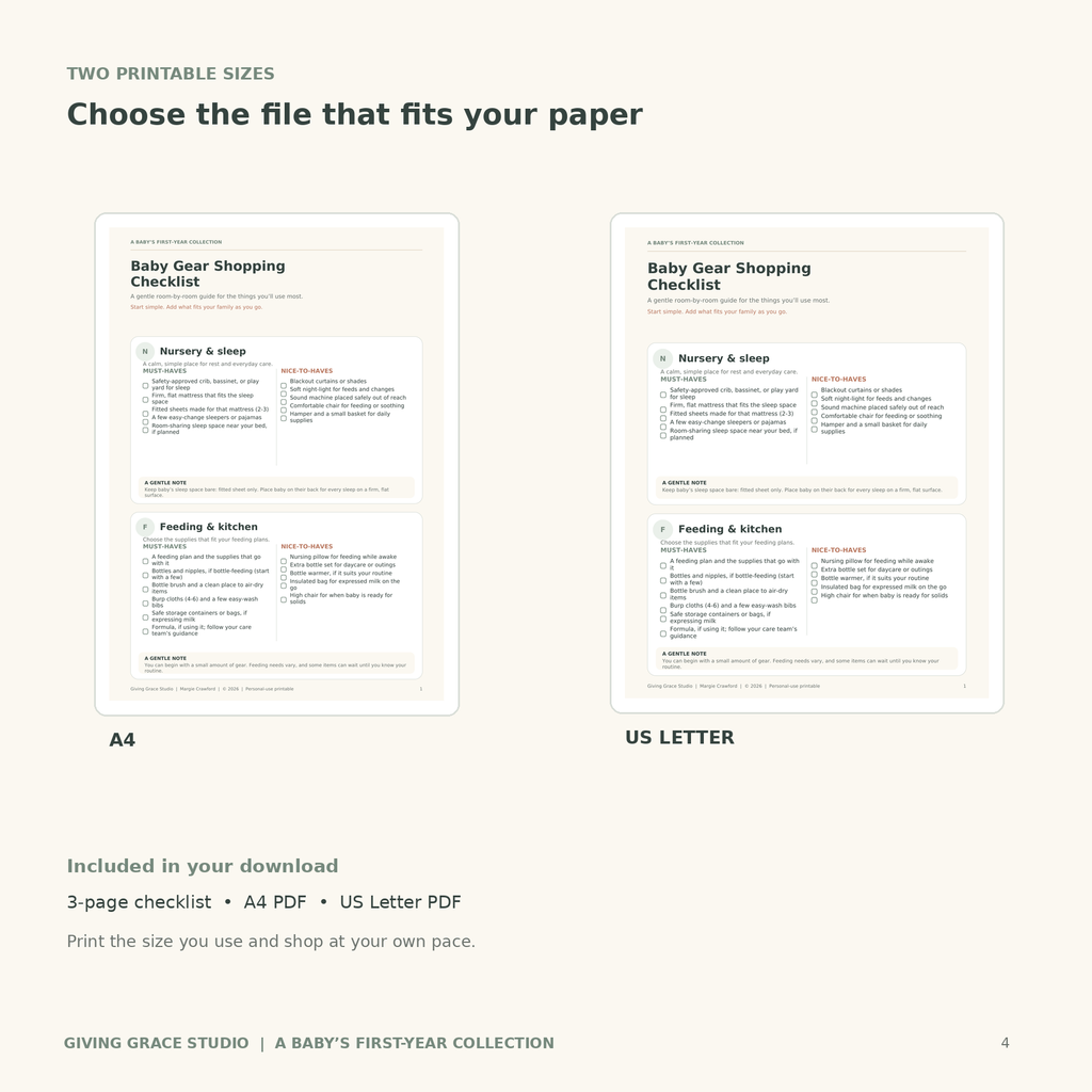 A4 and US Letter printable baby gear checklist PDF page previews