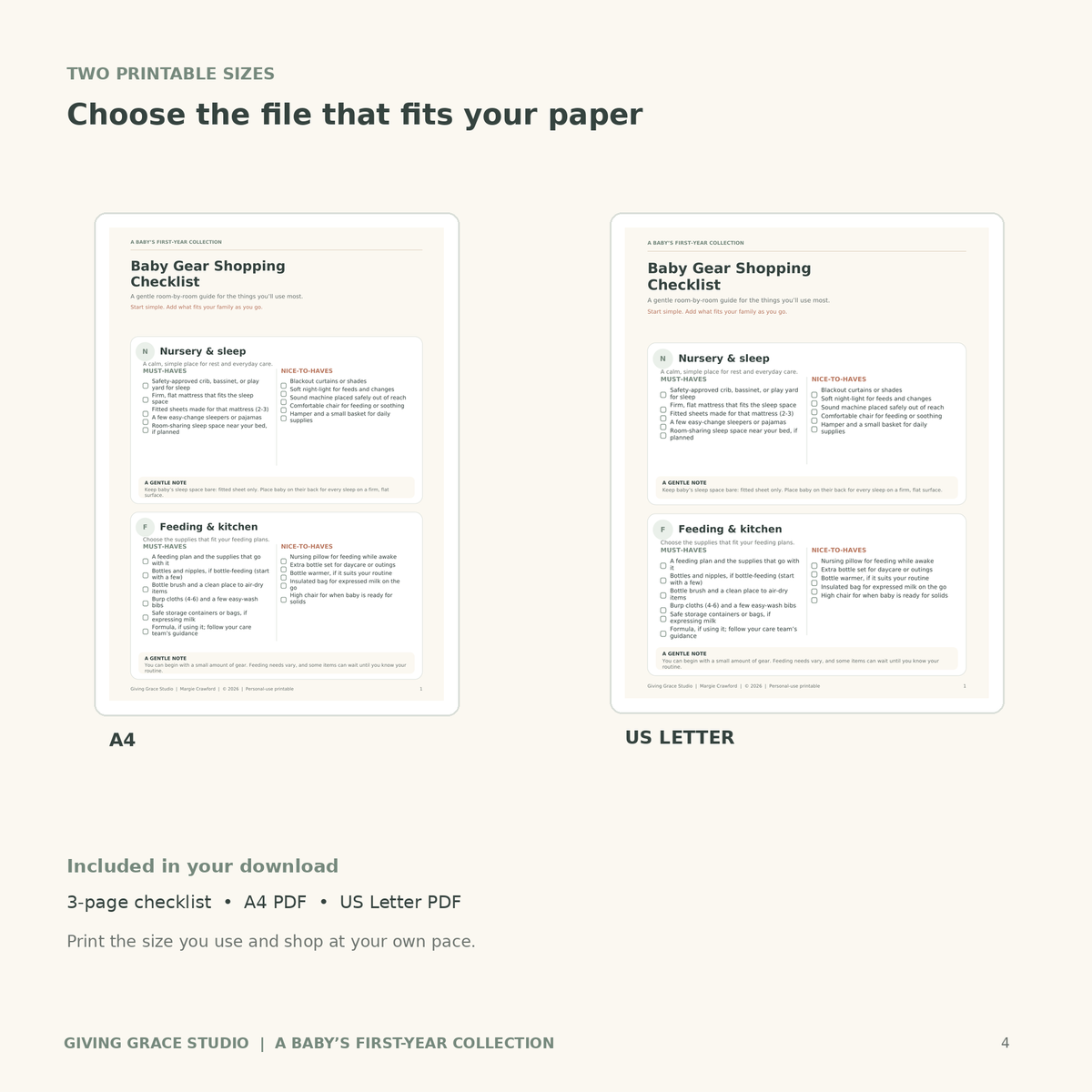 A4 and US Letter printable baby gear checklist PDF page previews