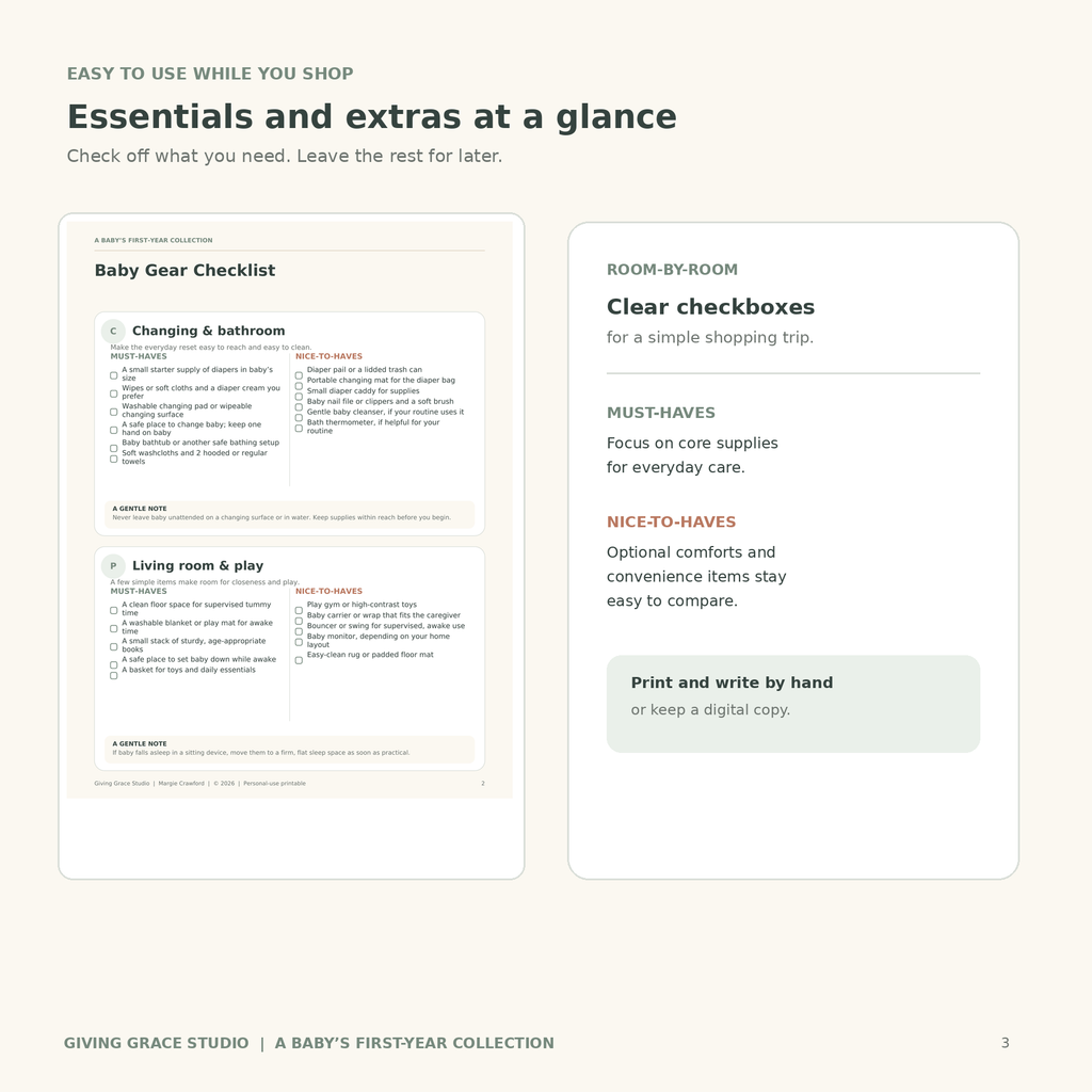 Preview showing the baby checklist with must-haves and nice-to-haves in separate columns