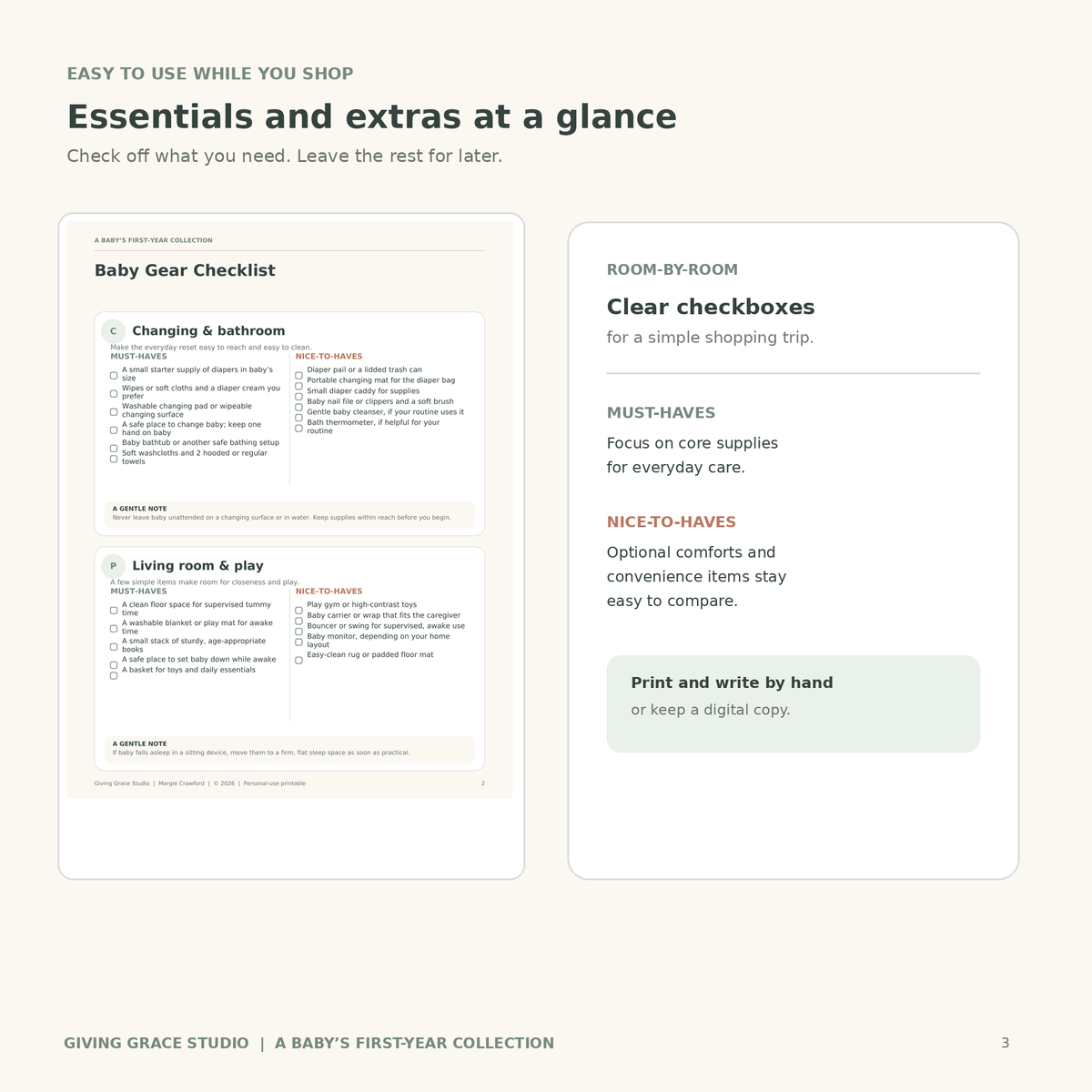 Preview showing the baby checklist with must-haves and nice-to-haves in separate columns