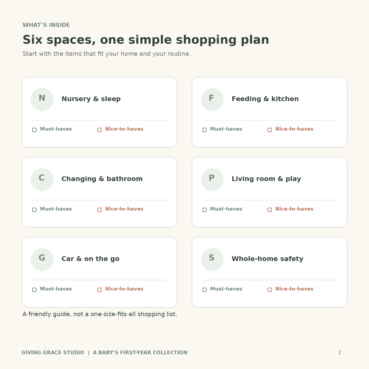 Six areas included in the baby gear checklist: nursery, feeding, changing, play, travel, and whole-home safety