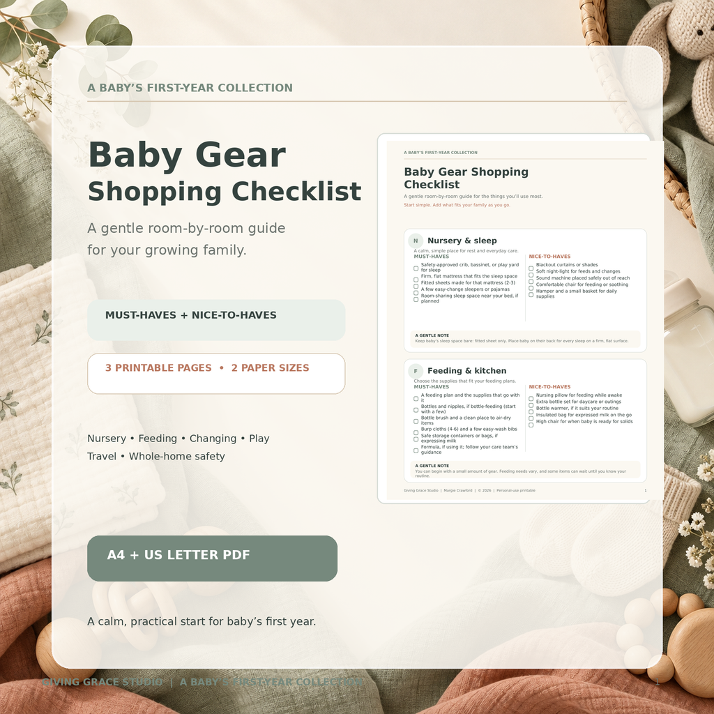 Baby Gear Shopping Checklist product cover with room-by-room printable preview