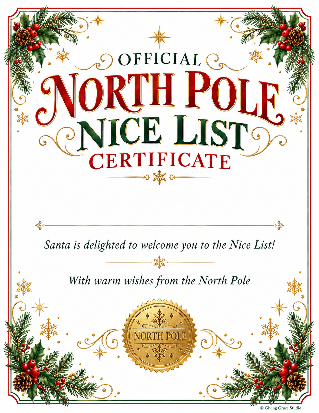 Personalized Official North Pole Nice List Certificate included with every Santa letter. Small © Giving Grace Studio mark at bottom right.