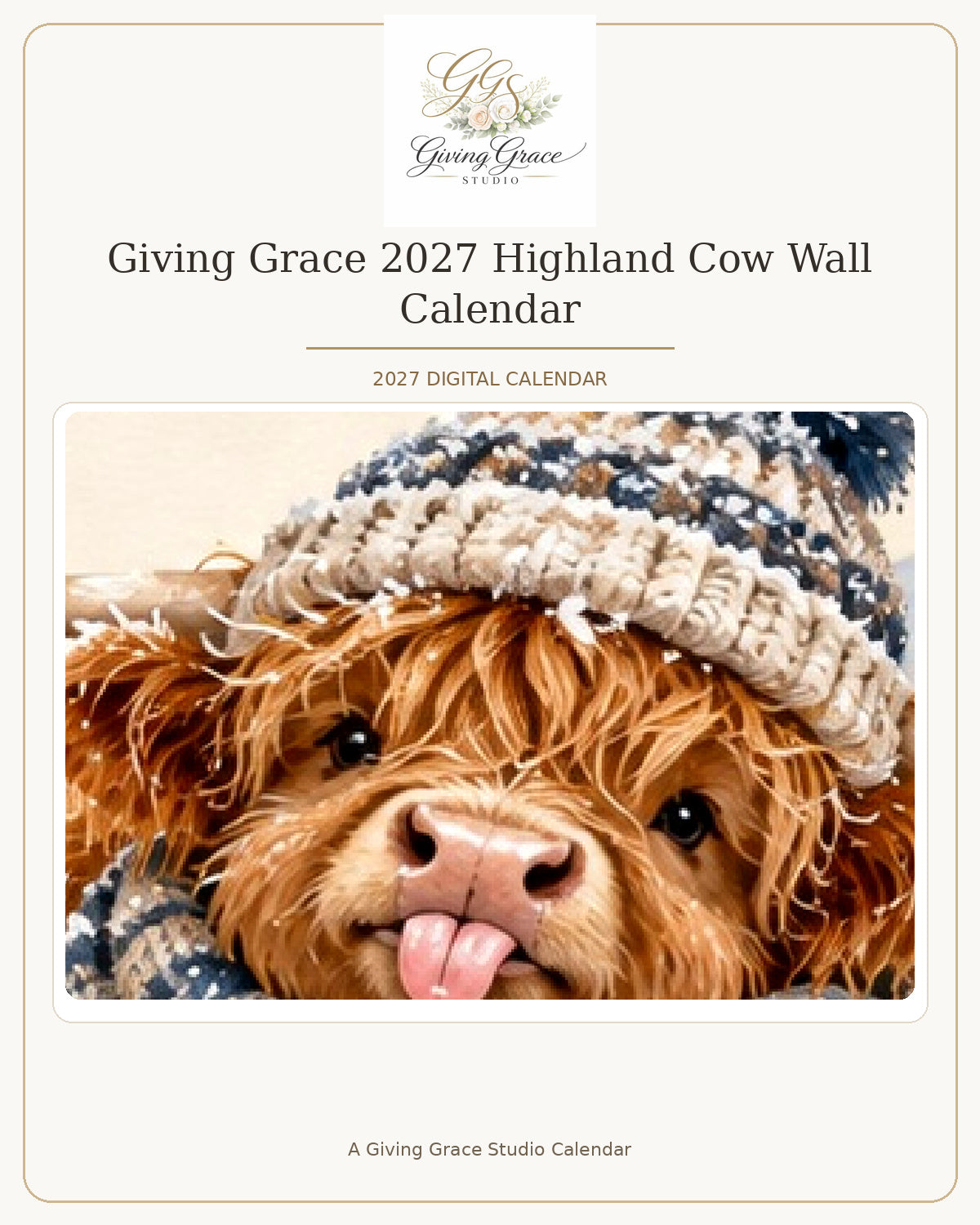 Highland Cow Calendar cover with official Giving Grace Studio logo and calendar artwork