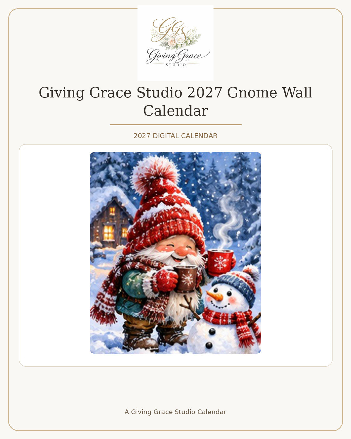 Gnome Calendar cover with official Giving Grace Studio logo and calendar artwork