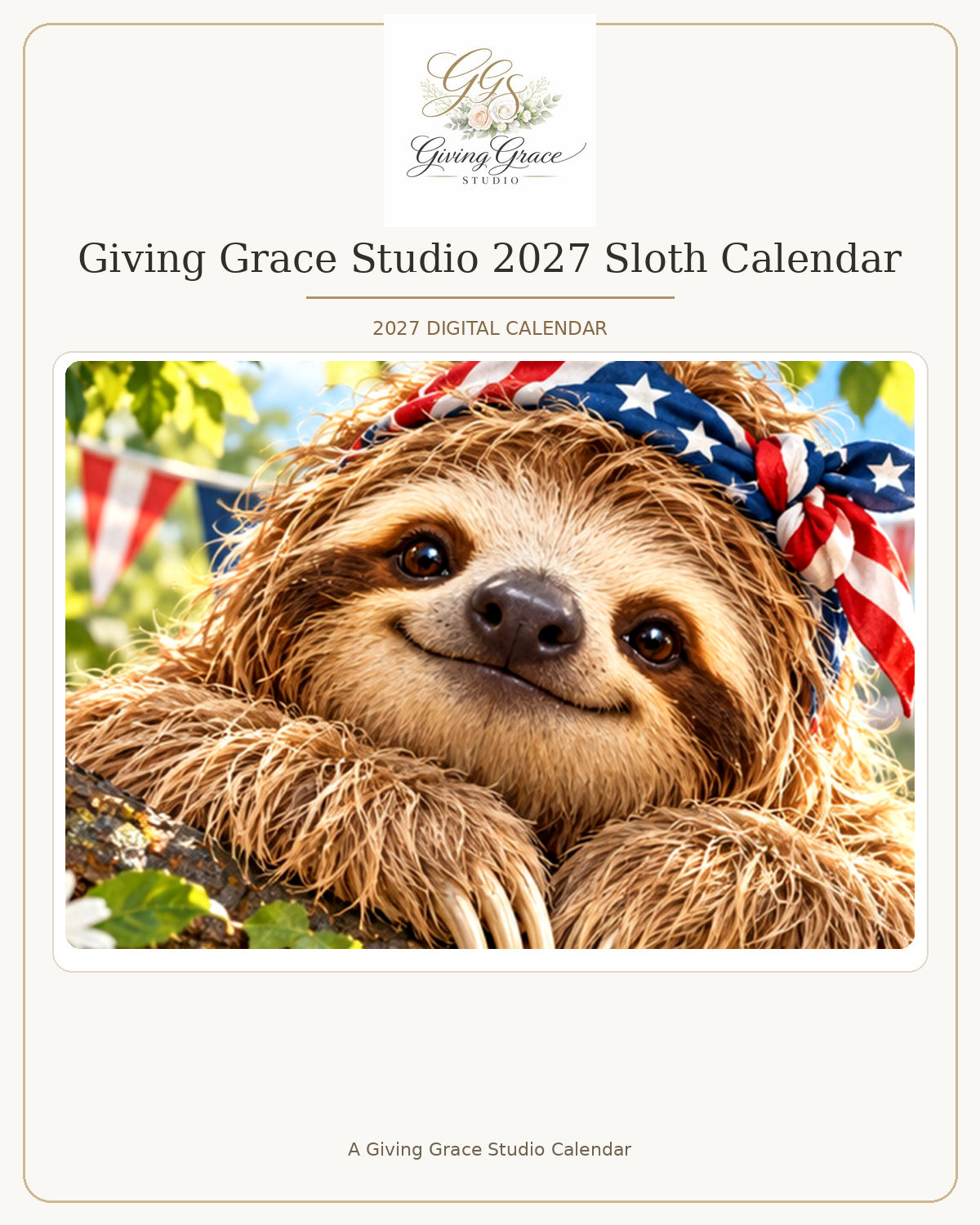 Sloth Calendar cover with official Giving Grace Studio logo and calendar artwork