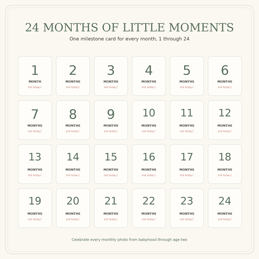 Overview of 24 baby monthly milestone cards for months 1 through 24