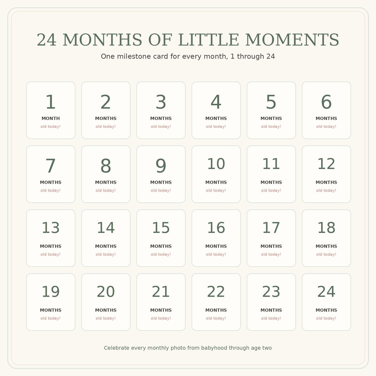 Overview of 24 baby monthly milestone cards for months 1 through 24