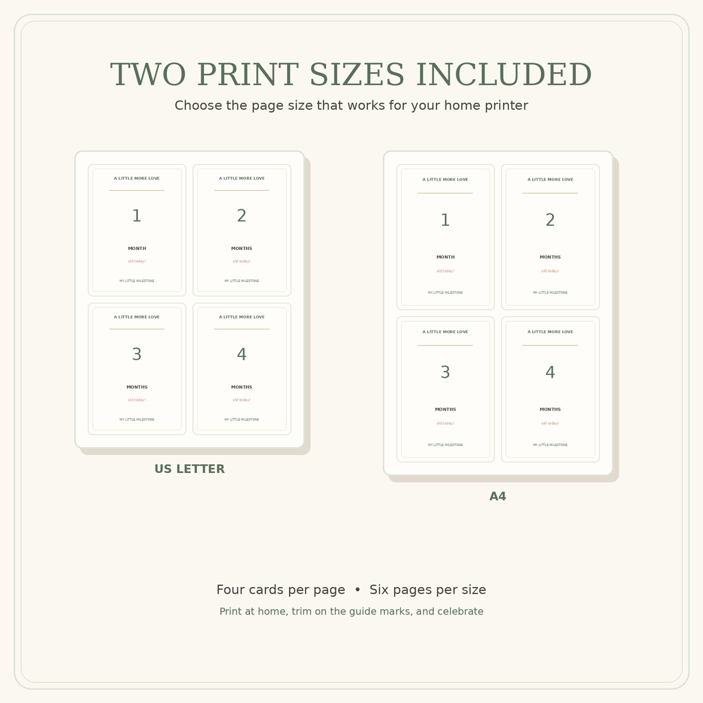 Preview of the milestone cards in A4 and US Letter printable page sizes