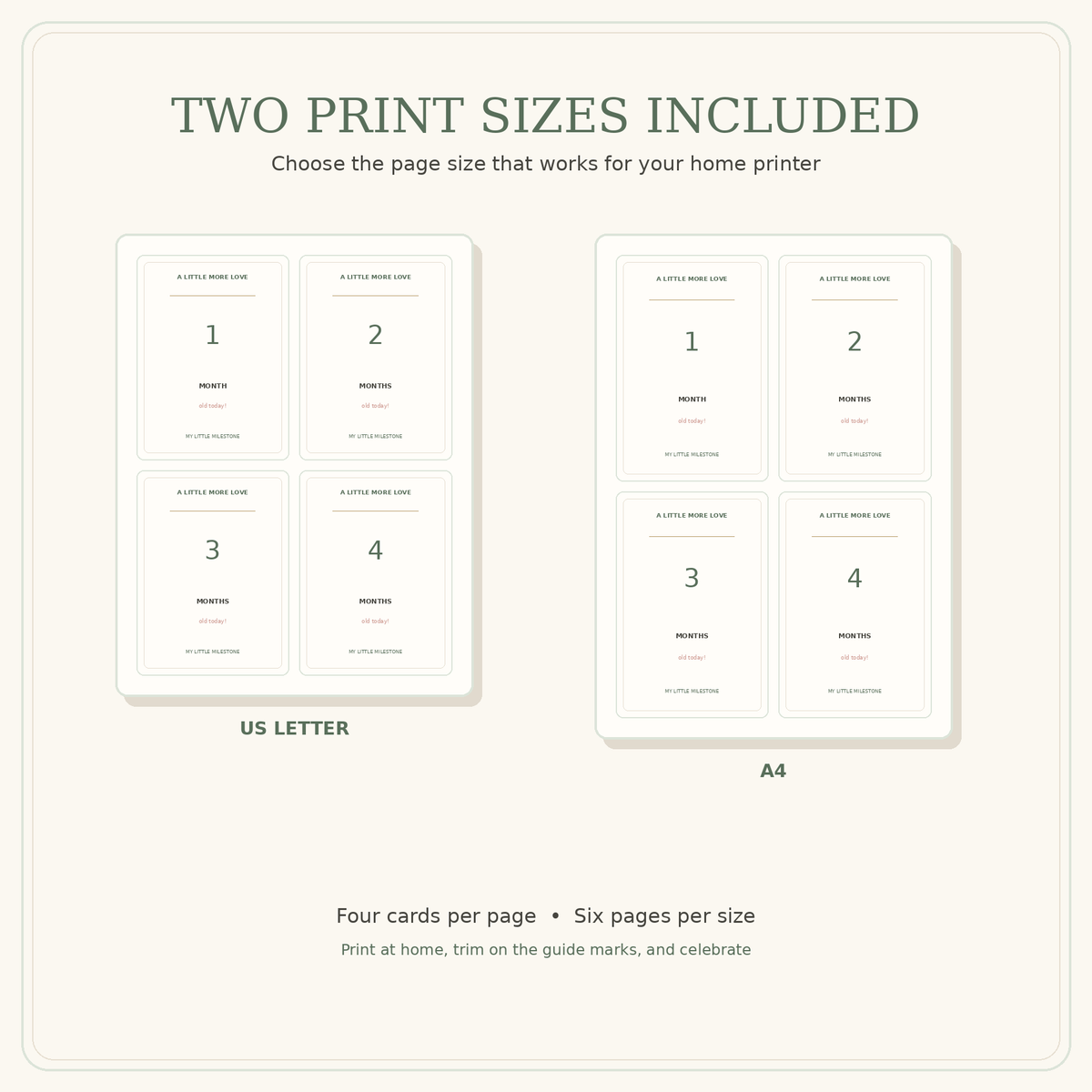 Preview of the milestone cards in A4 and US Letter printable page sizes