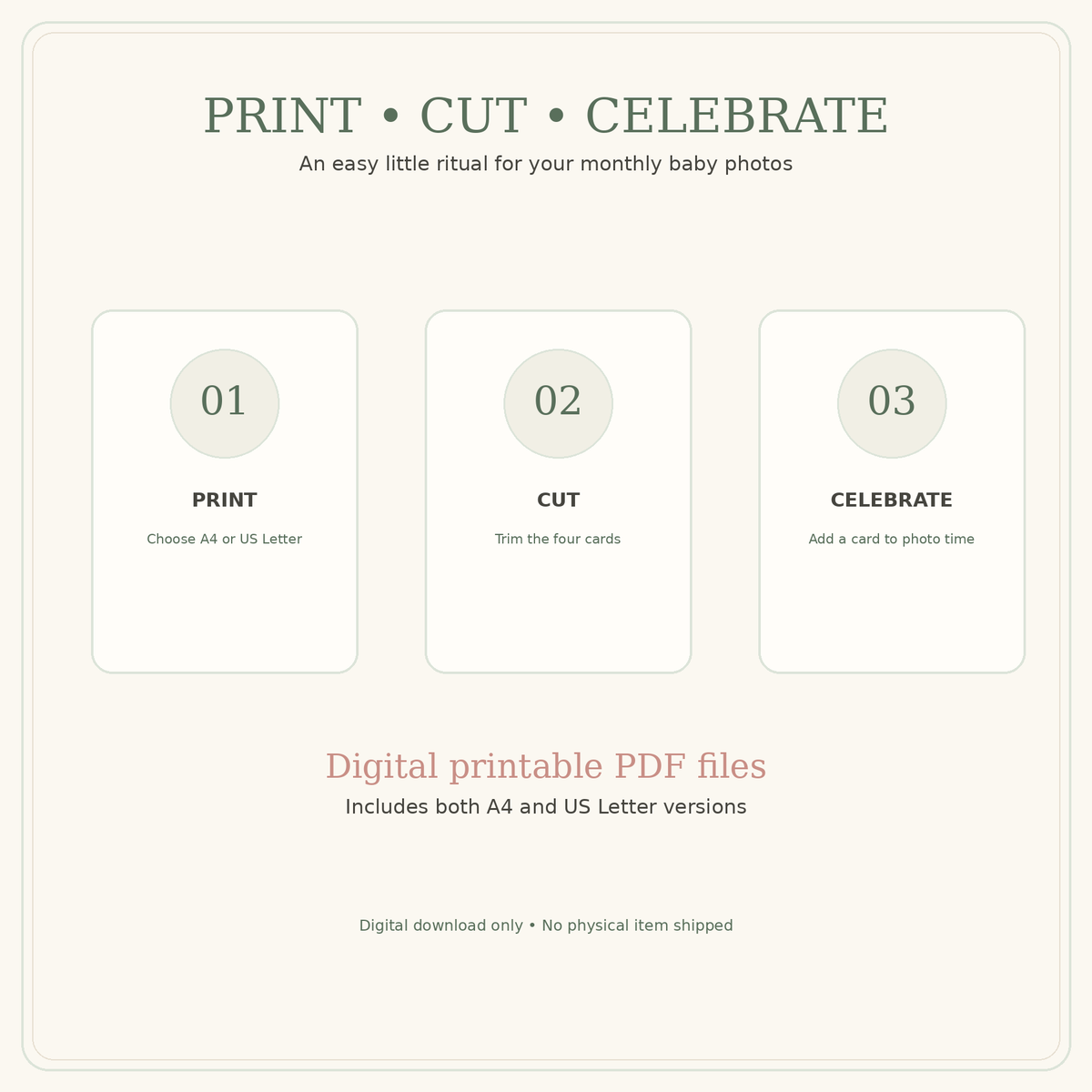 Steps for printing, cutting, and using the milestone photo cards