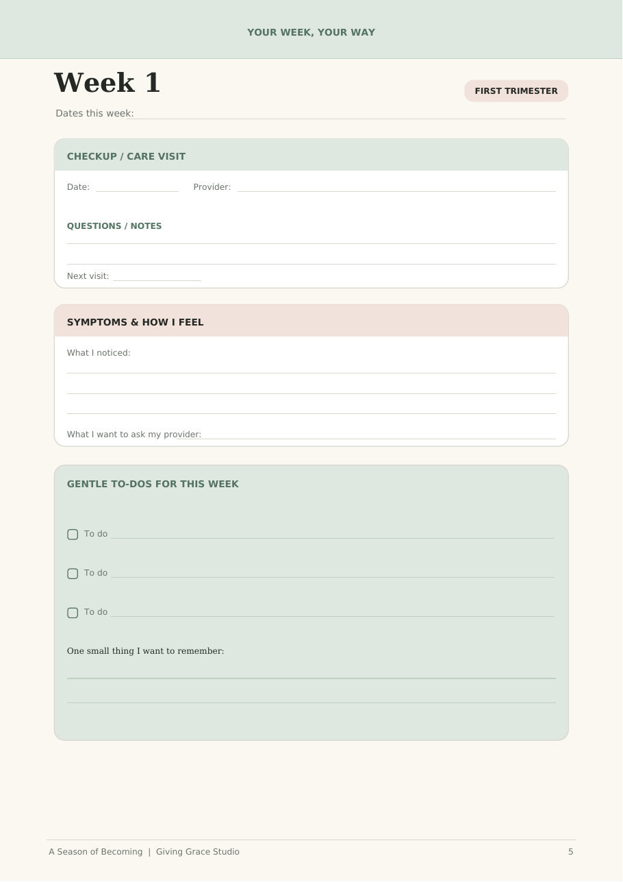 Example Week 1 planner page showing checkup notes, symptoms, and weekly to-dos